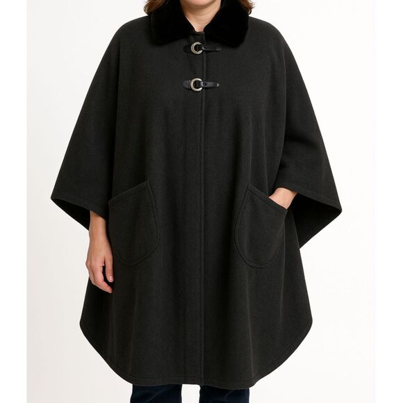 Le Moda Faux Fur Collar Toggle Cape Coat Gray Fleece Poncho One Size - Picture 1 of 11